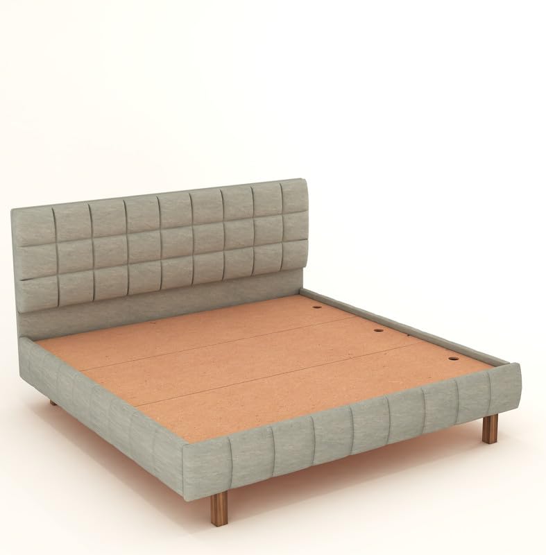 Image of MODESTY WOODS Queen Size Upholstered Bed Without Storage | Solid Sheesham Wood Wooden Cot with Cushioned Fabric Headboard | Modern Double Bed for Bedroom | Grey