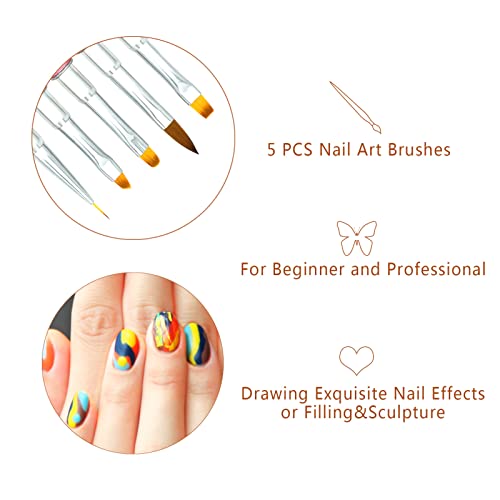 5PCS Nail Art Brushes Set for Gel Nail with Lid and Pearl Handle LEA-SHALL Liner/Acrylic/Flat/Round/Angled UV Builder Nail Painting Pen Kit Fine Brush DIY Decoration Home Salon Design Rose Red - Image 2