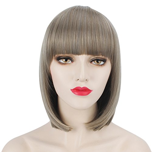 WELLKAGE 14 inches Halloween Short Straight Bob Hair Wigs Gray and Chestnut Mixed