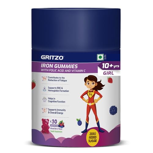 Image of Gritzo Iron Gummies (10+ Girl), Mixed Berry, 30 Gummies | With Folic Acid & Vitamin C | Zero Added Sugar