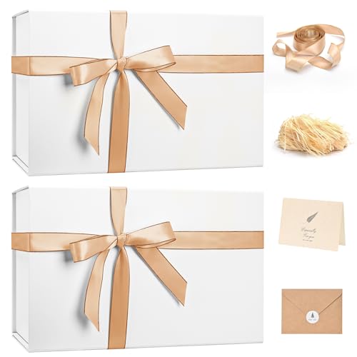Image of LIFELUM White Gift Box with Magnetic Lids for Presents, 14 inchx8.5 inchx4.5 inch | with Ribbon, Card & Paper Filler for Wedding, Bridesmaid Proposal, Graduation & Birthday, 2 Pack