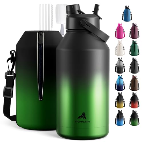 Image of POWCAN 64 oz Insulated Water Bottle for Travel: 2-in-1 Straw & Spout Lid, Carrier Bag, Shoulder Strap, Leakproof, Keep Cold 48H, BPA-Free, Half Gallon Metal Water Jug for Gym, Outdoors (Ranger)