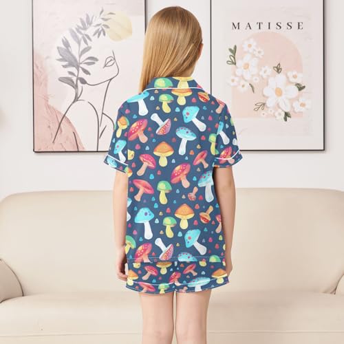 ALAZA Colorful Mushroom Blue Pajamas Satin Pajama Set Short Sleeve Button Down Sleepwear4