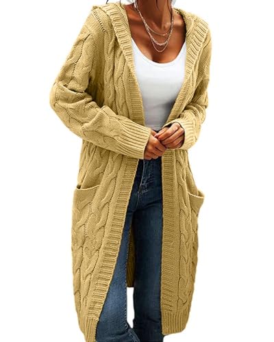 Women's Cable Knit Long Sleeve Sweater Cardigan Open Front Long Cardigans Pocket Hooded Casual Outwear