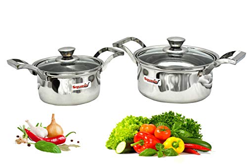 SQUARO Stainless Steel Heavy Base with Toughen Glass Lid Stock Pot Induction & Gas Stove Friendly Cook and Serve Handi Set with Toughen Glass Lids (Set of 2 Pcs.)
