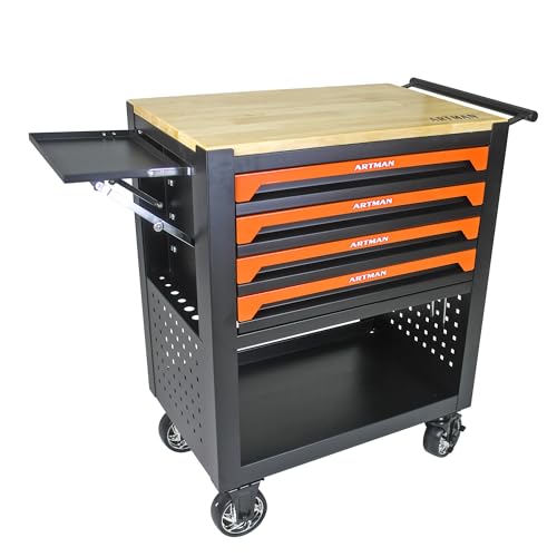 WTRAVEL Rolling Tool Cart with 4-Drawer Wood Top Utility Tool Chest on Wheels Mechanic Tool Storage Organizer Cabinet for Garage, Warehouse, Workshop, Repair Shop (Orange)