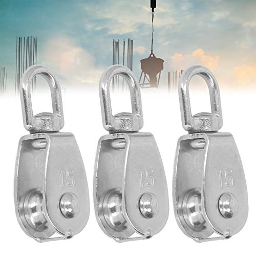 3PCS M15 Wire Rope Crane Pulley Block, Stainless Steel Single Pulley Block Hanging Heavy Duty Wire Towing Wheel Single Wheel Swivel Rigging for Camping Hiking,35kg