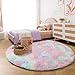 Amdrebio Rainbow Fluffy Round Rug 7Ft Kids Rugs for Girls Bedroom, Unicorn Room Decor, Colorful Pastel Big Large Carpet for Baby Nursery Playroom, Cute Shaggy Kawaii Circle Area Rug for Teen Princess