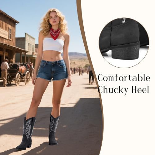 Image of LingxiaUne Cowboy Boots for Women Floral Cowgirl Boots with Pointed Toe and Chunky Heel Mid Calf Western Boot for Concert Festival Country Night Party