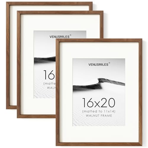 Image of 16 x 20 Picture Frame Set of 3, USA-Sourced Natural Walnut Wood Photo Collage Frame with HD Tempered Glass, Modern Simple 16x20 Wooden Frame Matted to 11x14, Vertical & Horizontal Wall Hanging Display