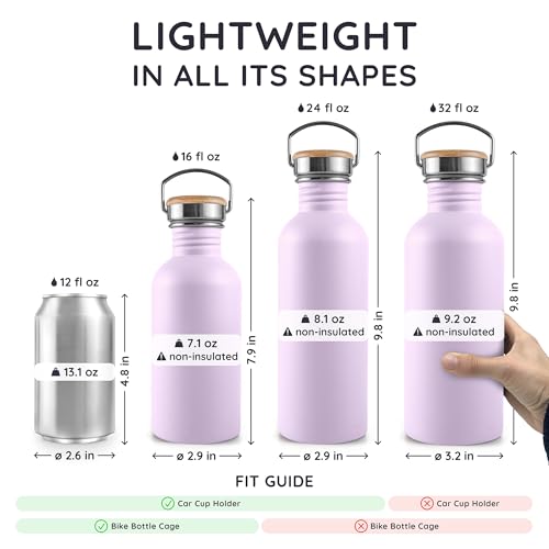 Image of Bambaw 32 oz Stainless Steel Water Bottle Lavender, Non Insulated Metal Water Bottle with Handle, Large, Stainless Steel - Lavender Haze