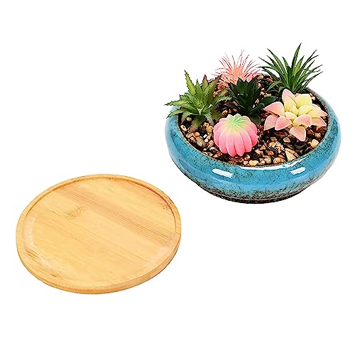 Sjbag SJBAG-A002-02 7.3 Inches Cute Circular Ceramic Home Garden Decoration Succulent Cactus Flower Pots Container With Bamboo Tray -Plant Not Included  thumb #3