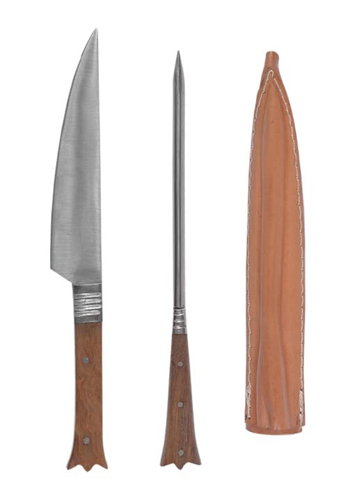 Battle-Merchant - Cubertería medieval de acero inoxidable, incluye estuche de piel, aprox. 19 cm, mango de madera.