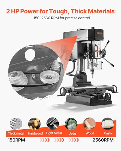 VEVOR 15.875-Inch Mill Drill Machine, 2 HP, Benchtop Milling Drill Press, 150-2560 RPM Adjustable Speed, with Rotating Vise, Laser and Work Light, Milling Drilling Machine, for Woodworking Light Metal - Thumbnail 3