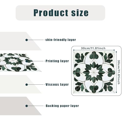Image of Nuxovilar Peel and Stick Vinyl Floor Tiles, 11.8 inchx11.8 inch | Green Leaf Geometric Pattern, 10-Pack Self-Adhesive Flooring for DIY Upgrades