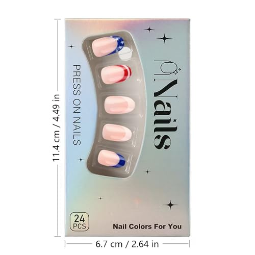 Image of Independence Day Press on Nails French Tip Fake Nails Short Almond False Nails with Star Design Glossy Glue on Nails Artificial Acrylic Full Cover Nude Stick on Nails for Women Girls Manicure 24Pcs