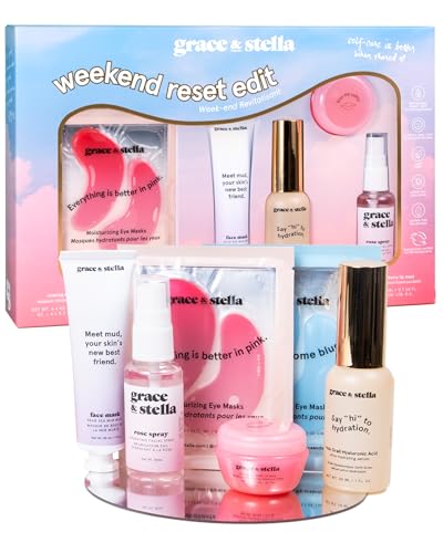 grace & stella Award Winning Skin Care Set - Bags, Travel Size Toiletries with Eye Masks, Hyaluronic Acid Serum, Lip Balm & More, Gift Baskets for Women, Vegan Cruelty-Free Self Care