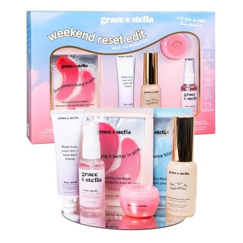grace & stella Award Winning Skin Care Set - Stocking Stuffers for Girls, Birthday Gifts for Her, Travel Size Toiletries with Eye Masks, Hyaluronic Acid Serum, Lip Balm & More, Gift Baskets