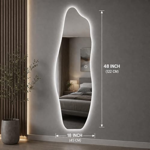 Image of LED Full Length Wall Mirror 48x18 Inch Irregular Shape Touch Sensor Light Dressing Mirror for Bedroom Living Room Vanity Decorative Modern Mirror with LED Light | 3 Color Lighting Modes