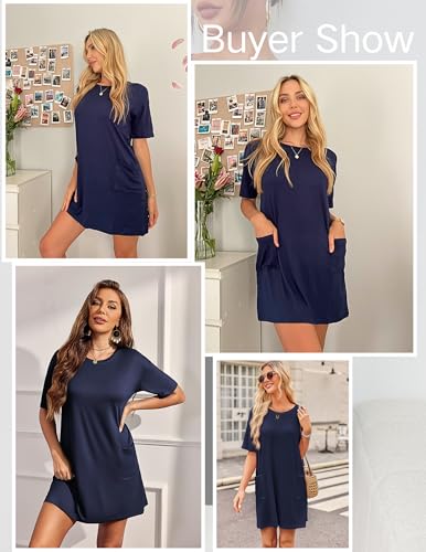Image of Ekouaer Sleep Shirts for Women Nightgown Short Sleeves T shirt Night Dress Round Neck Womans Nightgown with Pocket S-XXL