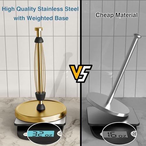 Image of Paper Towel Holder Countertop, Gold Kitchen Accessories Decor, Stainless Steel, Weighted Base, Gold, Paper Towel Roll Holder Stand with Ratchet Mechanism for Kitchen Bathroom Farmhouse Essentials