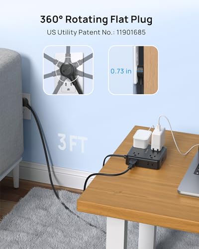 Image of TROND Power Strip, 360 Rotating Flat Plug, 8 Widely Spaced Outlets, 2U2C, Flat Plug Extension Cord 3ft, 1440J Surge Protector, 1625W, Black