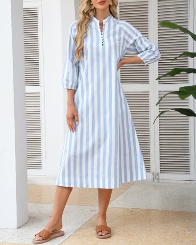 Image of YEXPINE Women Summer Striped Button Down Long Maxi Dress Loose Fit 3 /4 Sleeve Cotton Caftan Shirt Dress with Pocket
