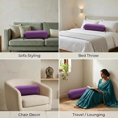 Image of SAJAVAT HOME Purple Bolster Pillow Covers Set of 2 | 32x15 Inch Round Side Cushions for Sofa, Bed & Diwan | Decorative Masnad Covers with Tie Closure