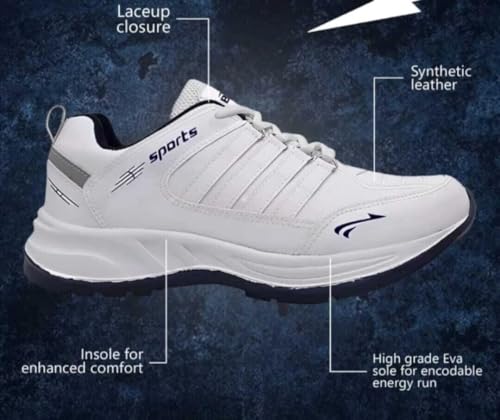 Image of Men's Sports Running Shoes, White and Navy, Memory Foam Insole, Lace-up Closure, Size 6 UK