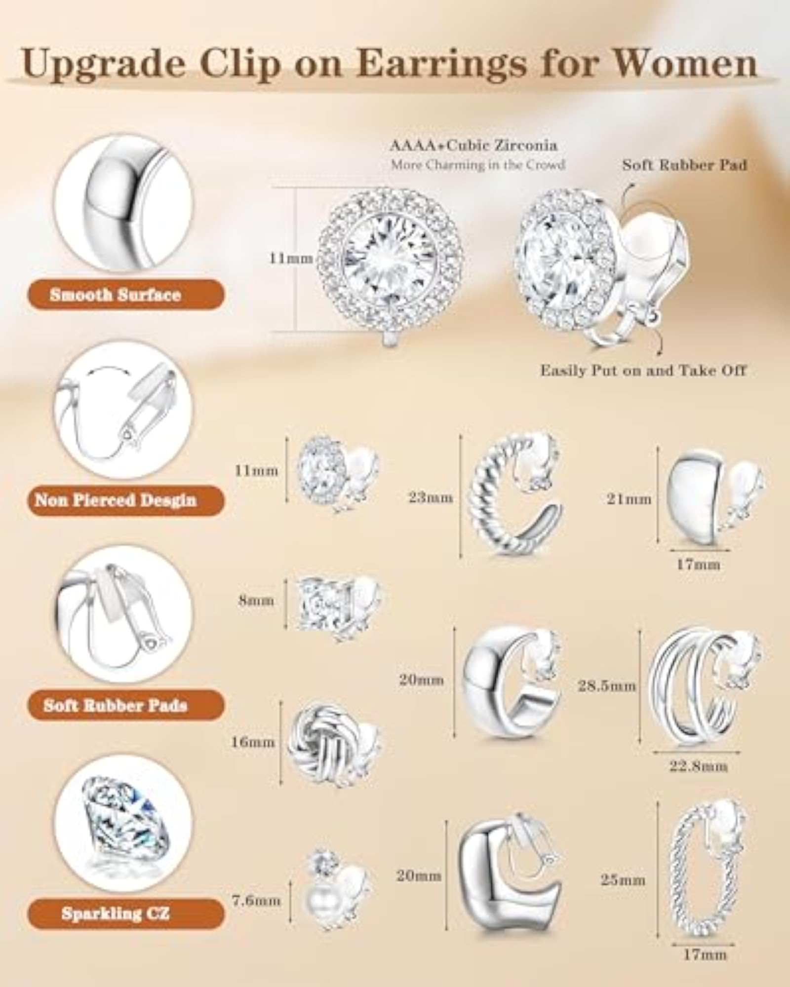 Women's 14K Gold Plated Clip-On Hoop Earrings Set, 10 Pairs
