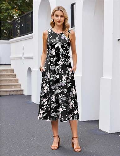 Image of HOTOUCH Summer Casual Dresses for Women Sleeveless Midi Dress Swing Tank Sundress Pleated Tshirt Dress with Pockets