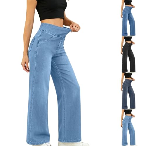 Wide Leg Jeans Woman Elastic Waist Pull On Stretchy Straight Wide Leg Denim Pant High Waisted Tummy Control Sweatpant M #01-Blue