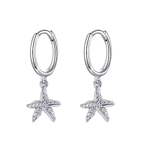 Dainty Starfish Hoop Earrings for Women Girls 925 Sterling Silver Cubic Zirconia Small Star Dangle Drop Huggie Hoops Cartilage Hypoallergenic Cute Ocean Beach Holiday Party Jewelry Gifts (Silvery) -  Dtja