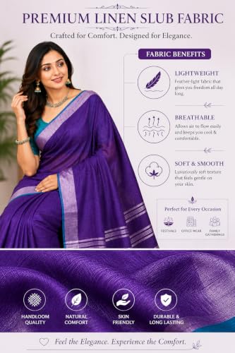 Image of HAIDER ALI AND SONS Grey Cotton Linen Saree for Women | Soft Linen Slub Blend Saree with Running Blouse Piece | Lightweight Handloom Style Saree | Office, Casual, Party & Festival Wear