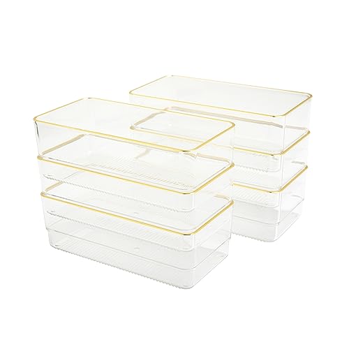 Martha Stewart Kerry プラスチック 積み重ね可能 オフィスデスク引き出しオーガナイザー 6インチ x 3インチ 6個パック ゴールドトリム付き