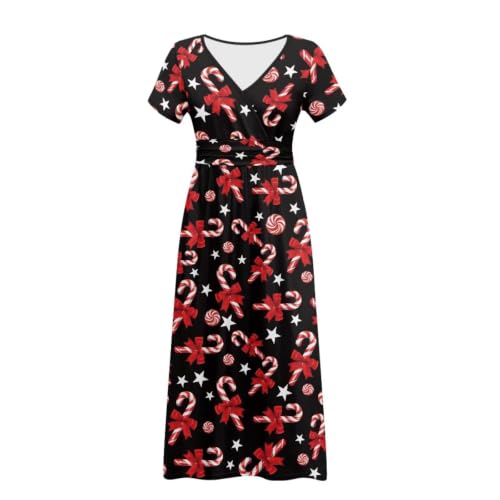 Image of Women's Fall Summer Short Sleeve Ankle Length V-Neck Party Dress with Pockets Size S-3XL