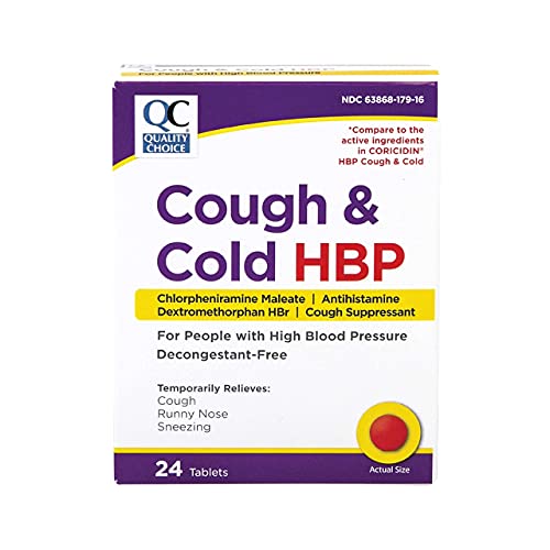 Quality Choice HBP Decongestant Free, Cough and Cold Medicine, High Blood Pressure Cold Relief, Acetaminophen, Gluten, & Sugar Free Tablets for Runny Nose, Cough, and Sneezing, 24ct Package