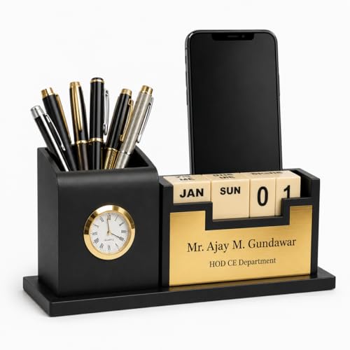 Image of Teak Wood Personalized Wooden Pen Stand Desk Organiser With Pen Stand For Office Table Stylish,Elegant Gift For Boss,doctors,male Corporate Gifts|Includes Calendar & Watch Stand,Stationary,Black
