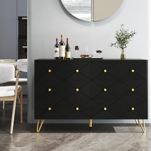DWVO Upgrade Large 6 Drawer Dresser for Bedroom, Black Wood Dresser Chest of Drawers with Fluted Panels, Modern 47" W TV Stand Double Dressers Storage Cabinet for Living Room, Hallway, Entryway