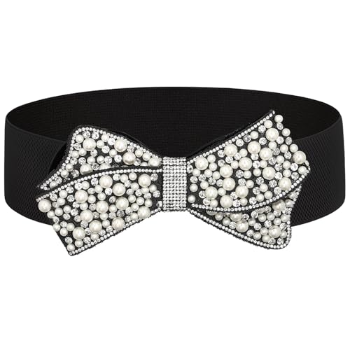 Elastic Pearl Belt Women Black Rhinestone Bow Tie Stretch Belts Sparkly Crystal Wide Waist Belts for Dress