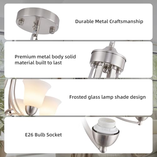 Image of 6 Lights Brushed Nickel Dining Room Light Fixture Farmhouse Modern Chandelier Pendant Light Silver Adjustable Ceiling Hanging Lighting with Frosted Glass for Kitchen Island Living Room Foyer