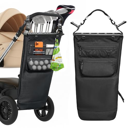 Ghaklna Stroller Golf Caddy Golf Bag Attach to Stroller with Side Pockets Shoulder Strap & Hooks for Towel Gloves Lightweight Foldable Golf Organizer for Family Outdoor Golf Stroller Golf Accessory