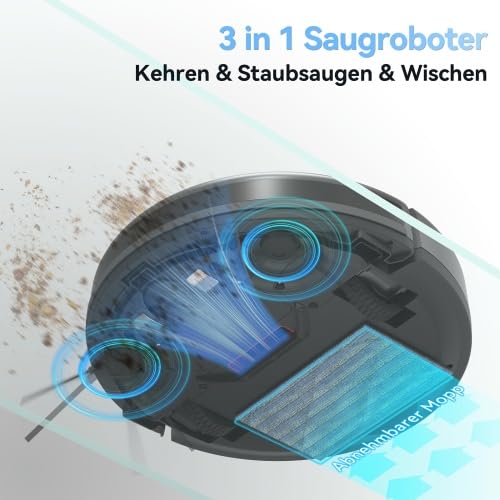 Mini Saugroboter 9000Pa mit Wischfunktion, 3-in-1 Staubsauger Roboter für Auto Haushalt Teppich, ultraflach 7,2 cm mit Fernbedienung, 2000mAh 100 Min Laufzeit, Anti-Sturz & Hindernisvermeidung, grau