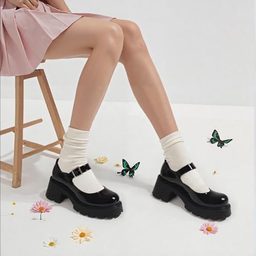 Image of AOSPHIRAYLIAN Mary Janes Platform Mary Janes for Women Round Toe Dress Shoes for Women Ankle Strap Chunky Heel Uniform Women's Pumps