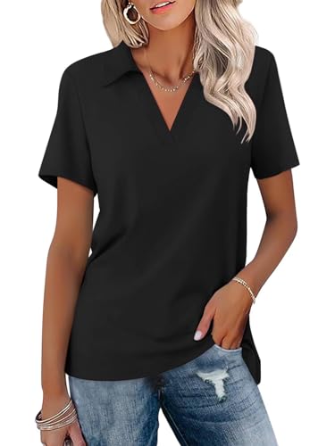 ORANDESIGNE Women's Short Sleeve V Neck Polo Shirts Summer Collared Tops Casual Loose Tees Tops