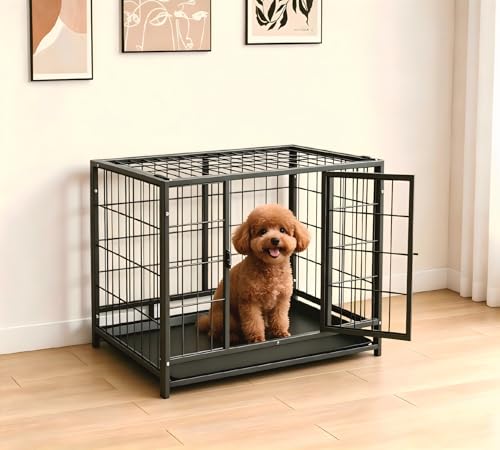 HIWOKK 32 Inch Dog Crate, Escape Proof Dog Cage with Dual Door Lock, Removable Tray for Easy Cleaning, Dog Kennel Indoor Outdoor Use