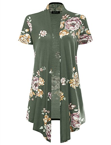 AMORE ALLFY Women's Soft Drape Floral Cardigan Short Sleeve Olive 2033 Small