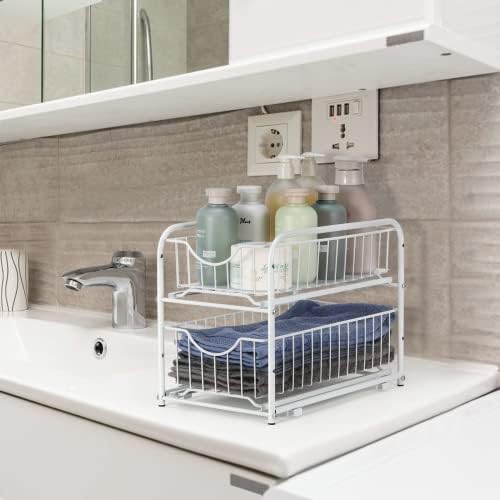 LIANTRAL 2-Tier Under Sink Cabinet Organizer with Sliding Storage Drawer, Cupboard Organiser, Sliding Basket Organizer for Kitchen, Bathroom, Pantry, Cabinet, 2 Pack - White