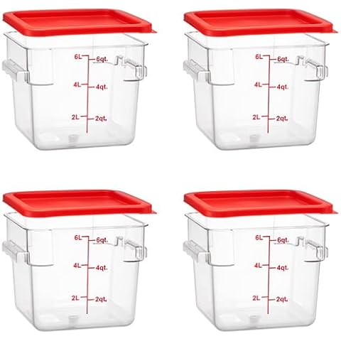 Tiger Chef 6 Quart Commercial Grade Clear Food Storage Square Polycarbonate Containers With Red Lids 4 Pack Cover