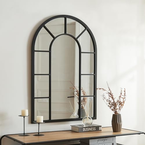 [en.casa] Miroir Mural en Forme de Fenêtre Miroir Arche Style Intemporel pour Salon Chambre Bureau Salle de Bain Entrée MDF 90 x 60 cm Noir